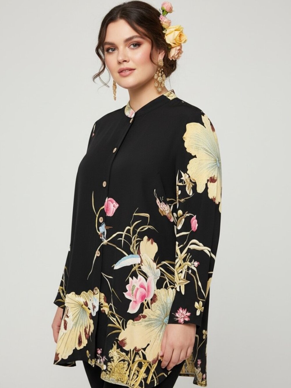 Citron Santa Monica Black Silk Chinoiserie Tunic Top Kingfisher Floral Size 1X
